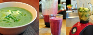 Grøn suppe, smoothie og blender med ingredienser