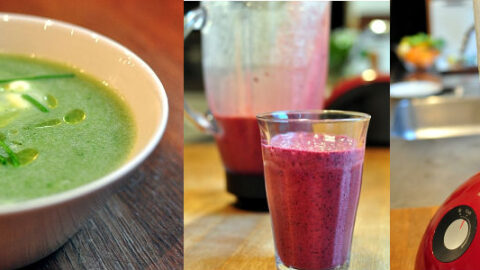 Grøn suppe, smoothie og blender med ingredienser