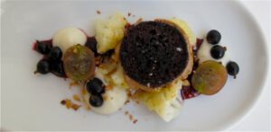Gourmet dessert med bær og chokolade på hvid tallerken