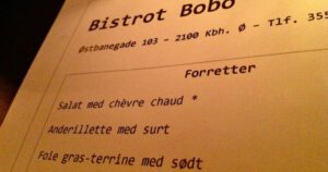 Bistro menu med forretter i København