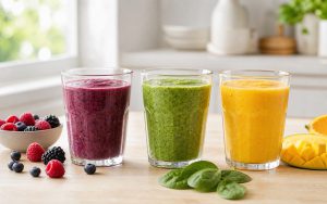 Tre smoothies med bær, grønne grøntsager og mango