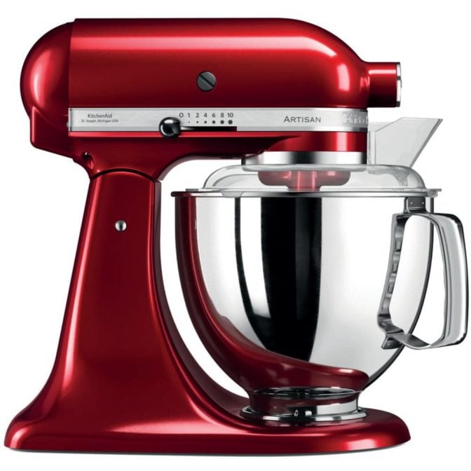 Rød KitchenAid standmixer med stålkande