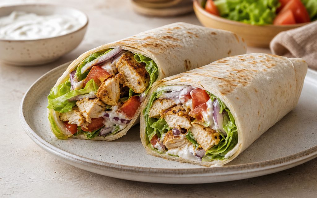 To wraps med krydret kylling, salat, tomat, rødløg og dressing
