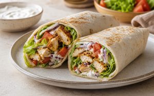To wraps med krydret kylling, salat, tomat, rødløg og dressing