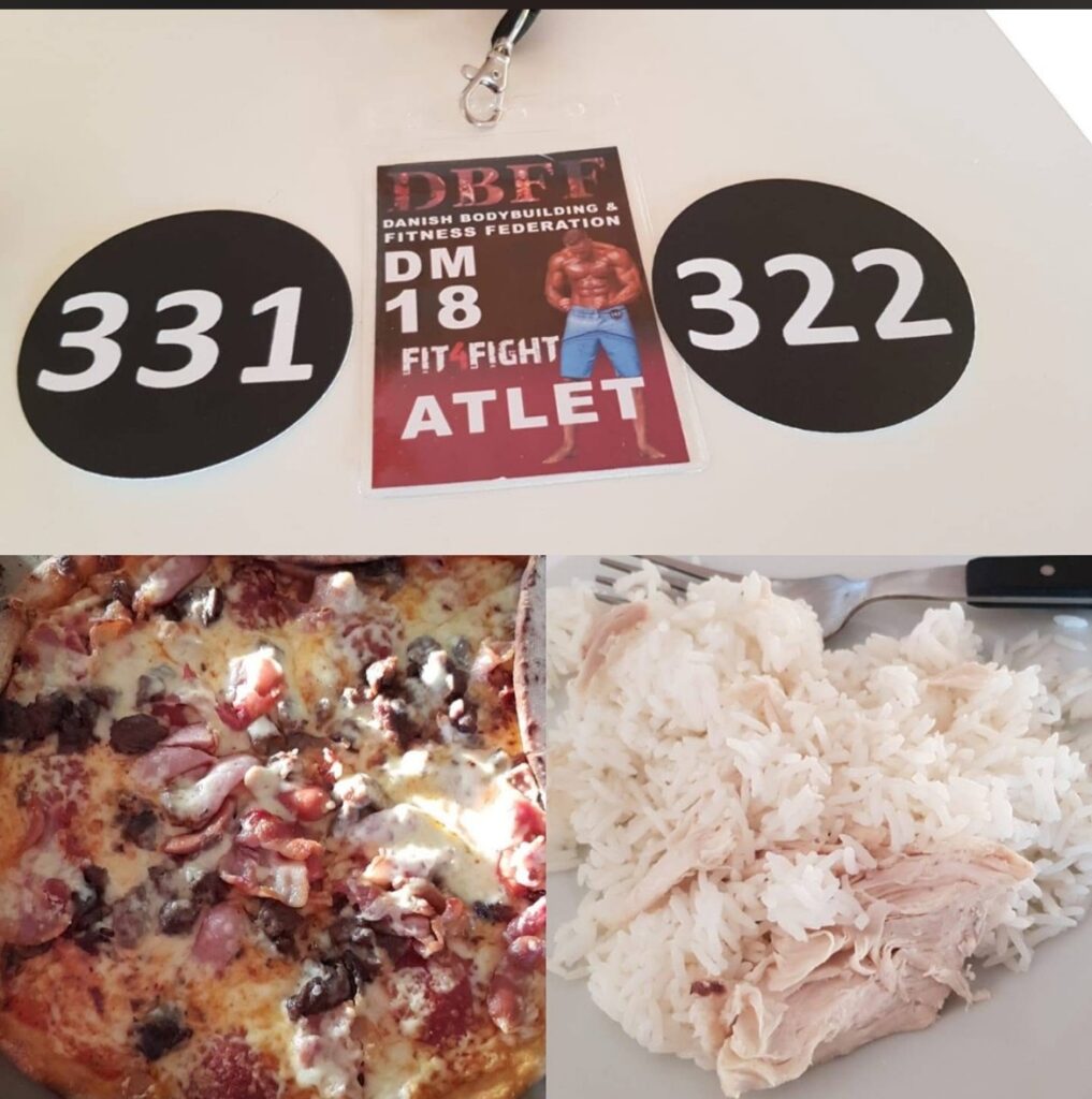 Startnumre og DM-atletkort fra DBFF DM 2018 sammen med pizza og ris med kylling
