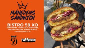 Orange kampagnebillede for FrAAderens BISTRO 59 XO med en overskåret sandwich med and og radicchio